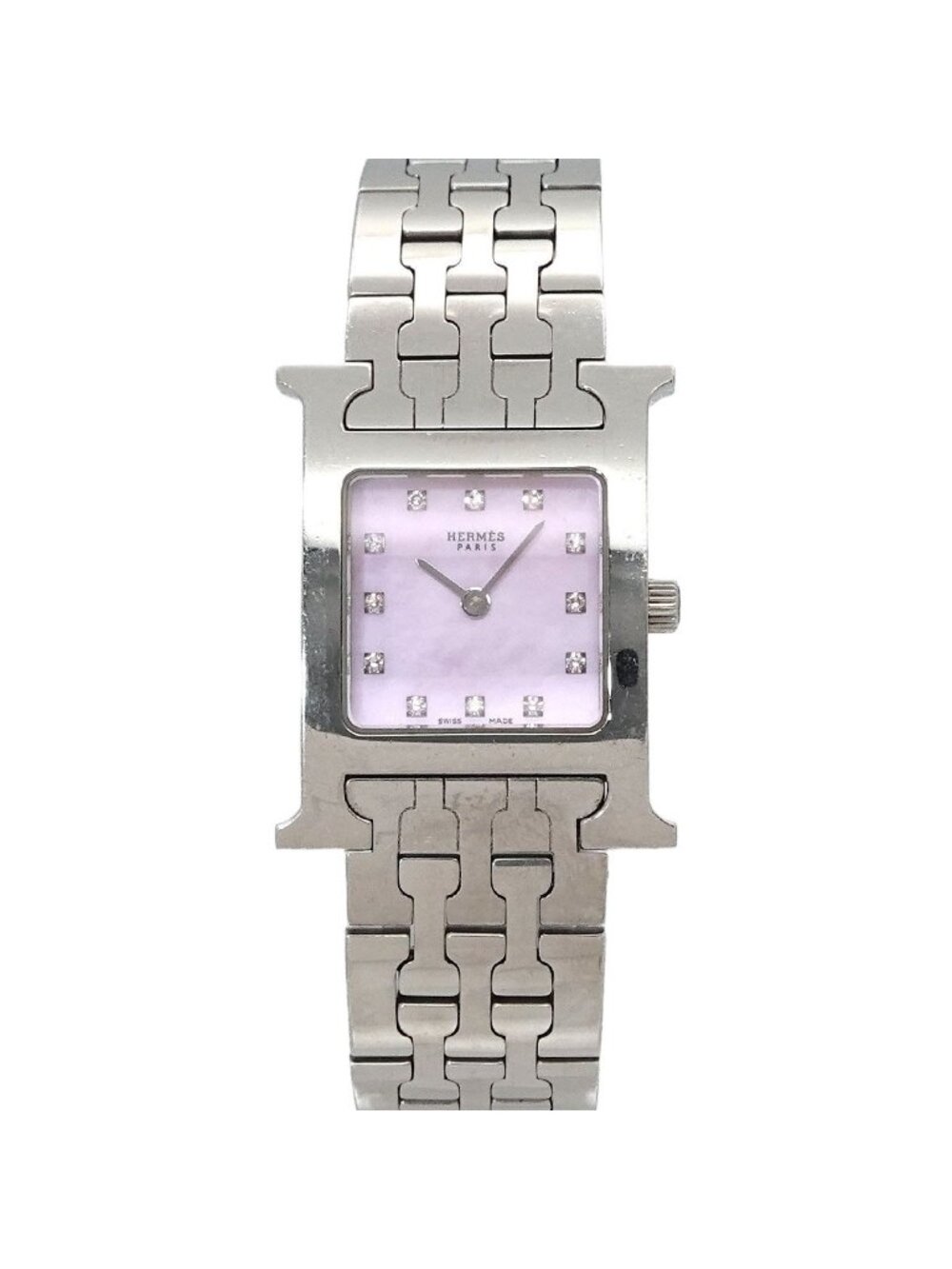 Hermes H Watch Diamond Pink Shell Quartz